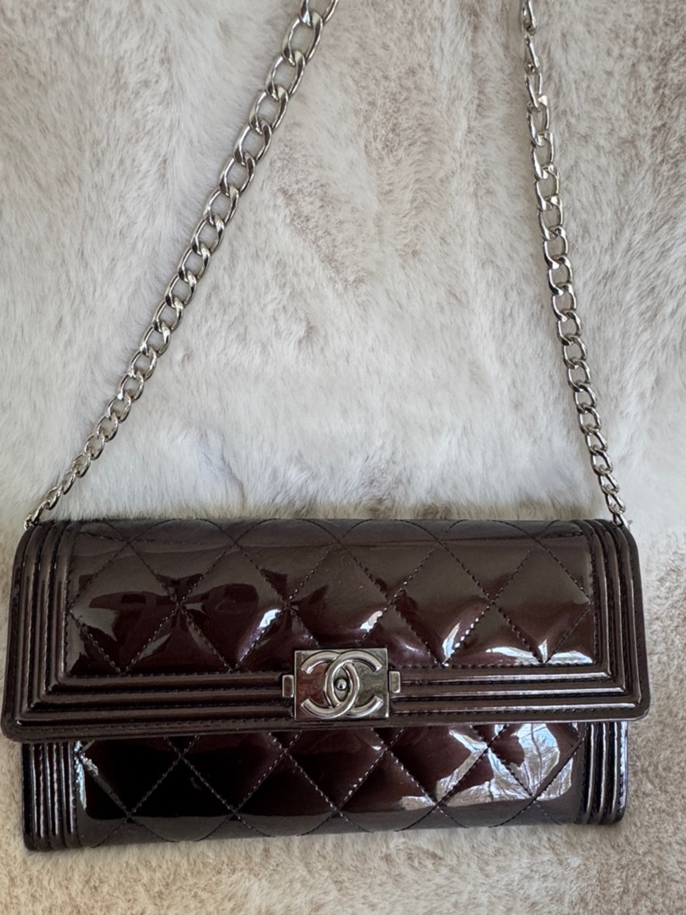 CHANEL Quilted Patent Leather Boy Wallet on chain w/insert in Deep Brown